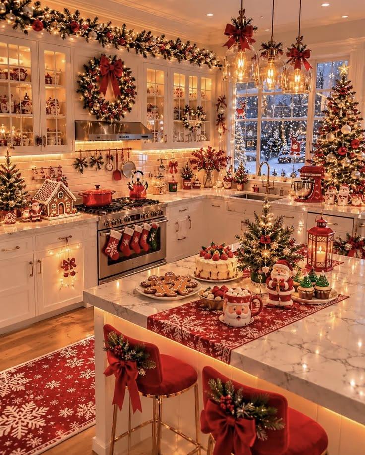 A family kitchen decked out for Christmas, with a gingerbread house on the counter and stockings hung along the oven